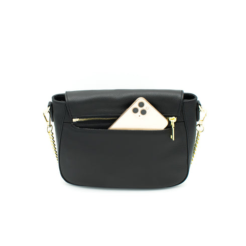 black leather bag with interchangeable front flap