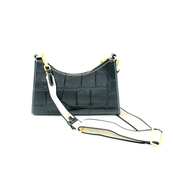 black leather embossed print bag