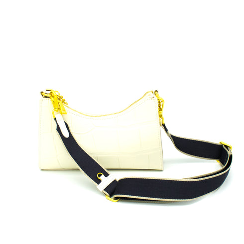 white leather embossed print bag