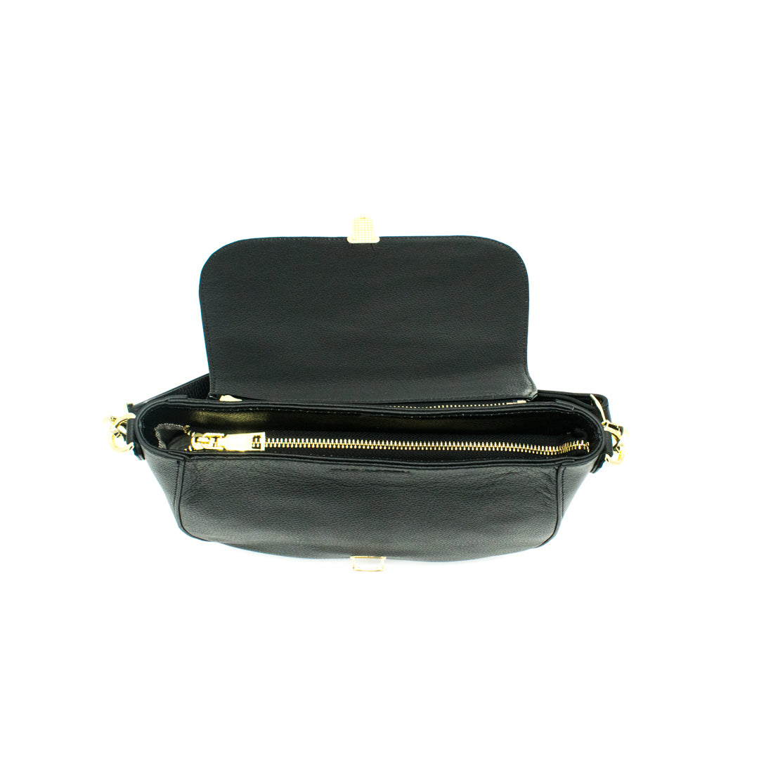 black leather bag with interchangeable front flap