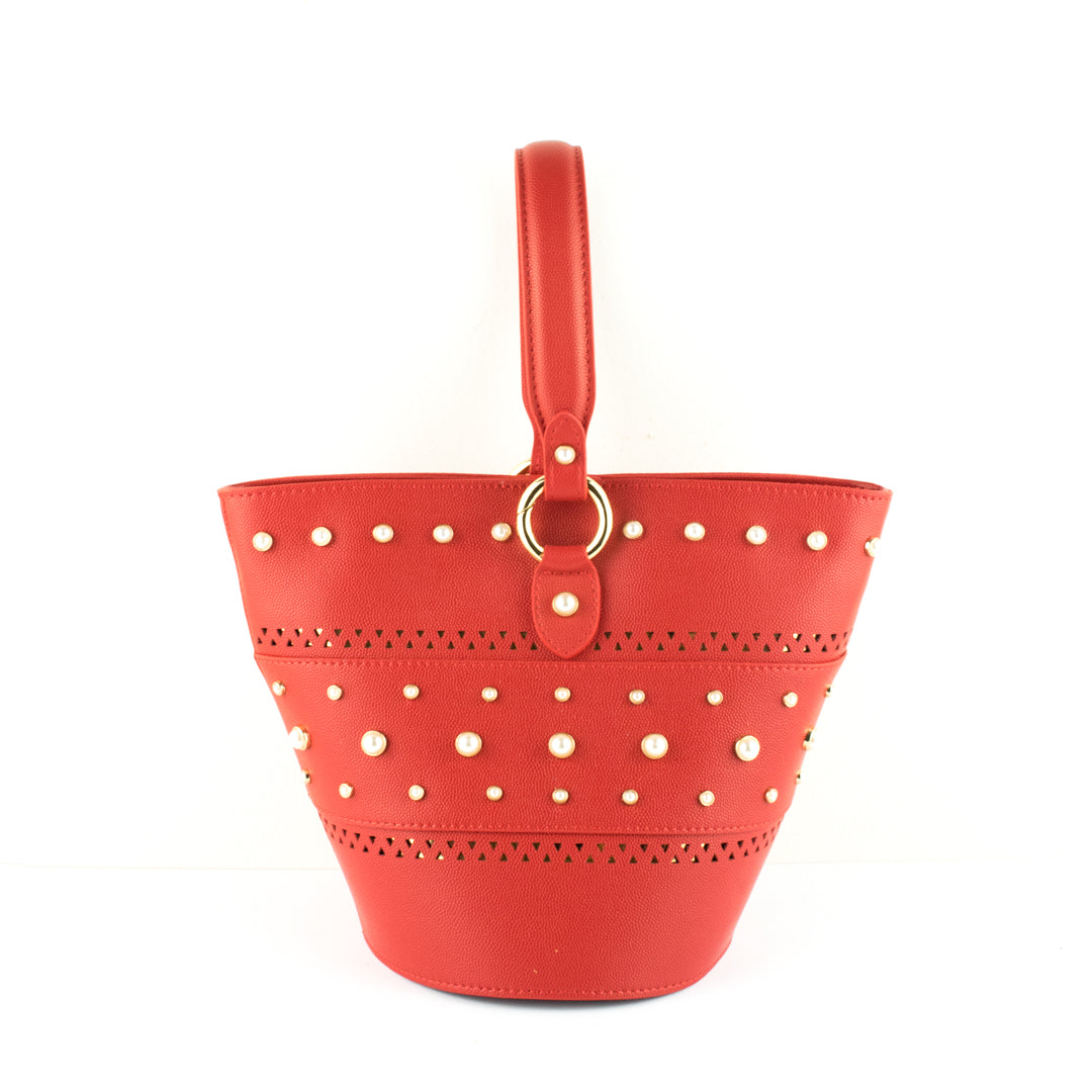 red leather bucket shape bag with pearls